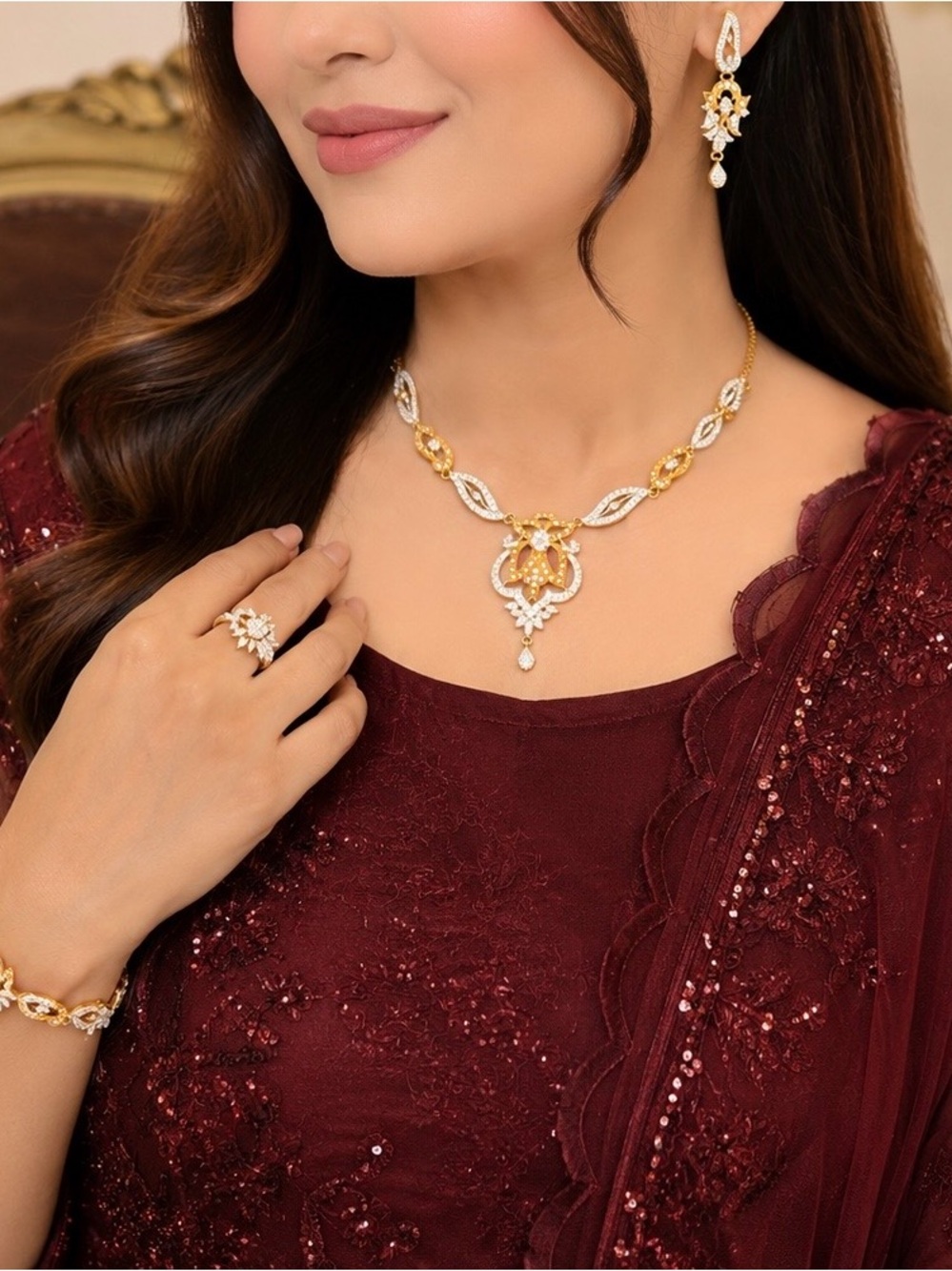 Gold and White Floral Pendant Necklace Set - Women Jewelry
